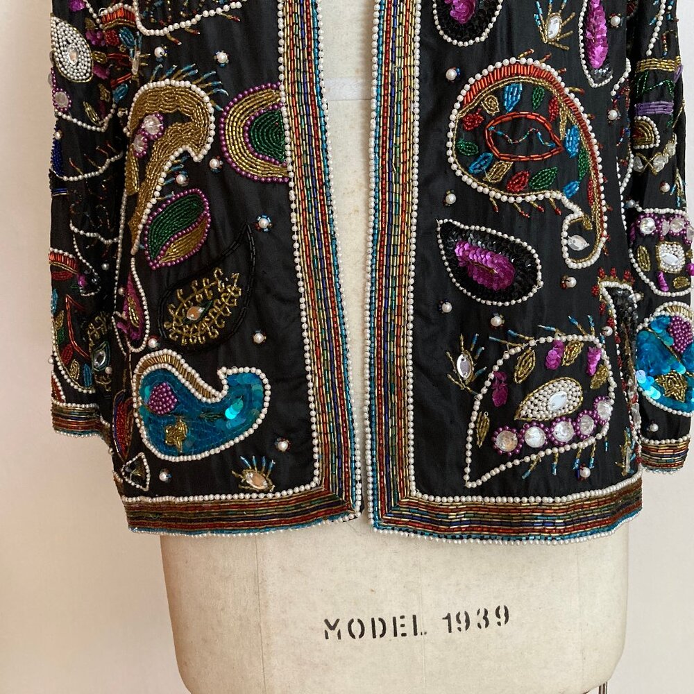 Paisley Sequin Beaded Jeweled Jacket Blue Black Multicolor - Picture 4 of 16